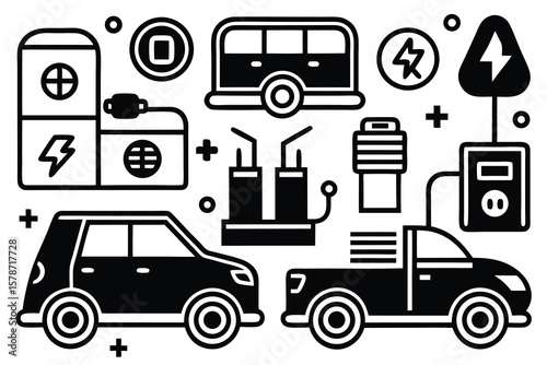 Electric vehicle charging stations and cars pickup truck
