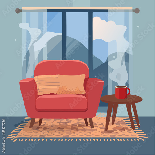 Cozy corner with a soft armchair and a steaming mug on a woven blanket