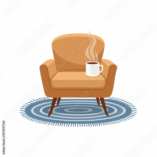 Cozy corner with a soft armchair and a steaming mug on a woven blanket