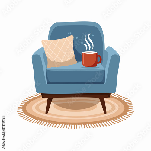 Cozy corner with a soft armchair and a steaming mug on a woven blanket