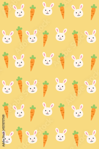 Adorable seamless pattern of bunnies and carrots on a cheerful yellow background.