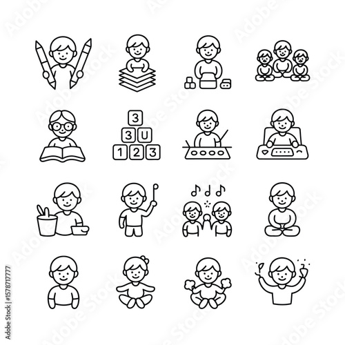 Collection of Black and White Line Art Icons Depicting Children Engaged in Various Activities Including Playing with Toys Reading Books Playing Musical Instruments and Engaging