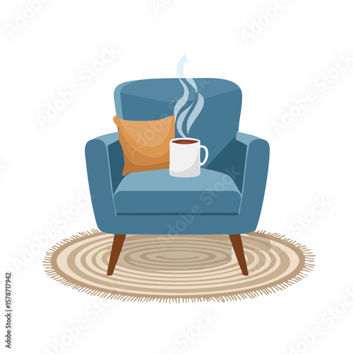 Cozy corner with a soft armchair and a steaming mug on a woven blanket