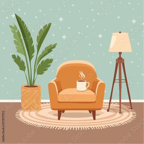 Cozy corner with a soft armchair and a steaming mug on a woven blanket