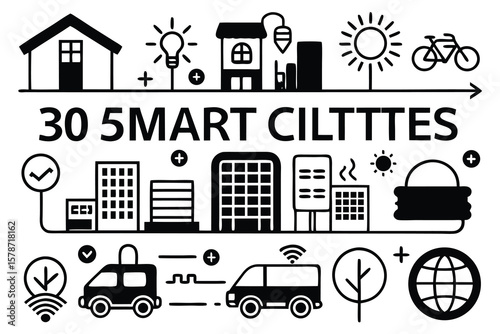 Smart city icons with buildings vehicles and technology symbols urban innovation