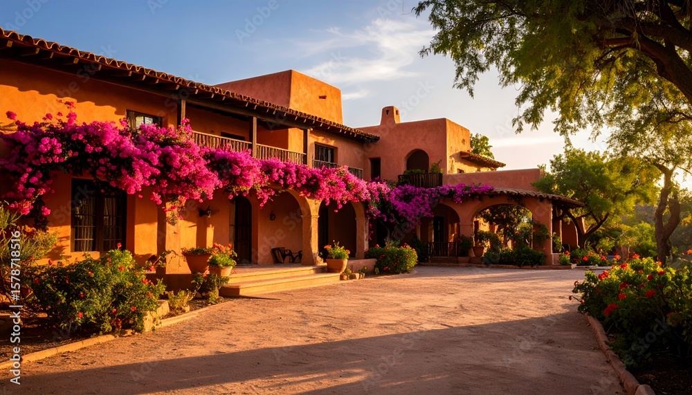Fototapeta premium Beautiful Hacienda with Bougainvillea Flowers at Sunset.