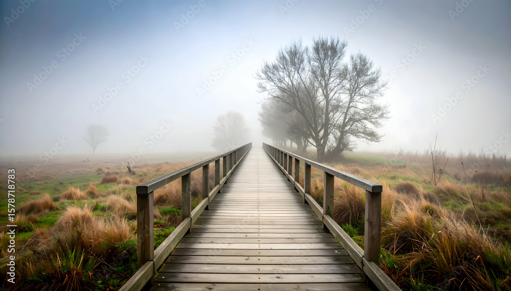 Naklejka premium Long Wooden Boardwalk Leading Through Foggy Field Towards Distant Trees in Mysterious Landscape
