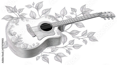 Monochromatic guitar illustration with floral embellishments and leaves