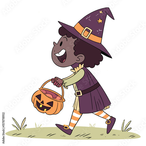 Cute child in a witch costume celebrating Halloween, holding a pumpkin lantern under the starry sky.