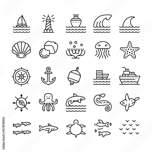 Collection of Black and White Line Art Icons Depicting Nautical and Marine Life Elements Including Ships Boats Lighthouse Waves Shells Fish Sharks Octopus Jellyfish Starfish