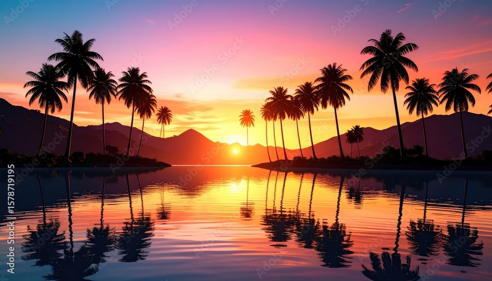 Obraz premium Sunset Silhouette: Tropical Palms Reflecting in Calm Waters