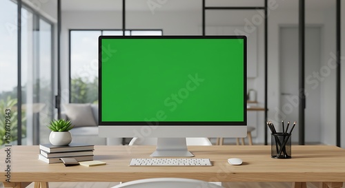 desk work in a quiet workspace. on the screen shows a green screen that can be used as a mock up 13