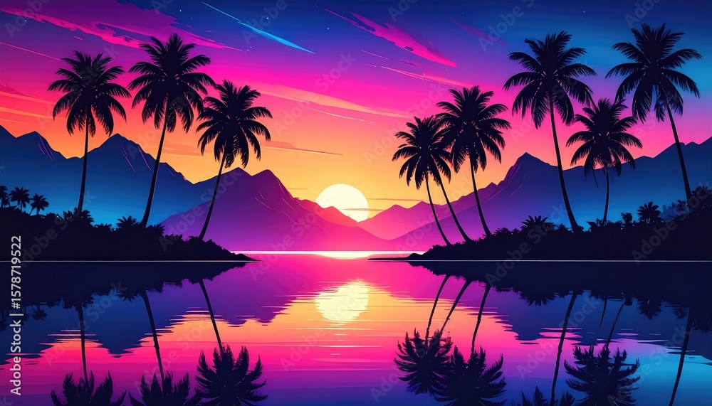 Obraz premium Vibrant Sunset Palms: A Tropical Silhouette