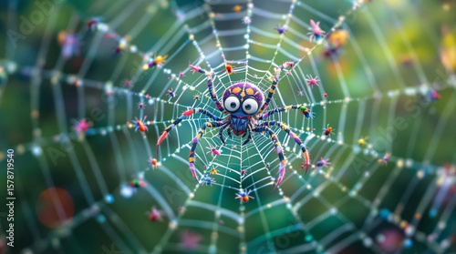 Colorful spider on a detailed web with many small insects.