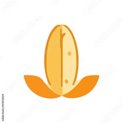 Stylized illustration of a sprouting seed or kernel, vibrant orange hues.