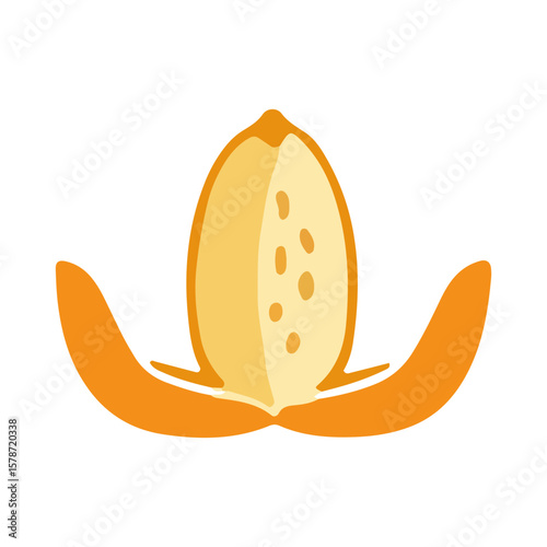 Illustration of a peeled orange, showing the exposed fruit and the curling peel, isolated on a white background.