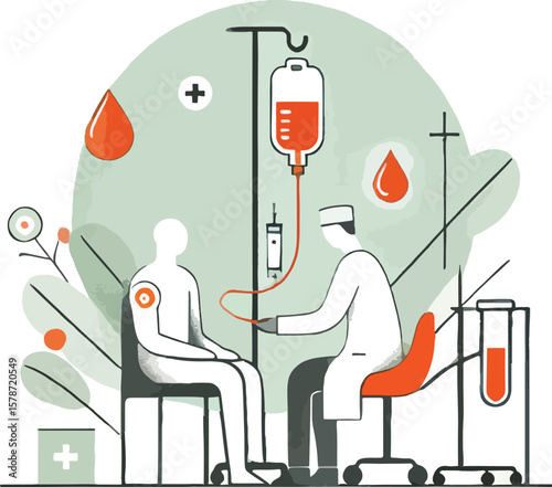 Medical illustration depicting intravenous therapy administered by a healthcare professional in a clinic
