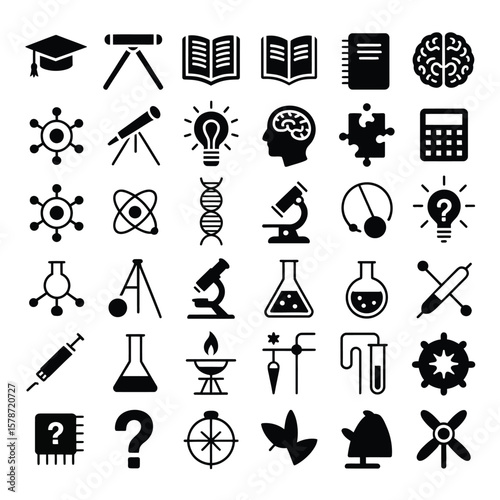 Collection of Black and White Science Education Icons including Microscope Atom D N A Graduation Cap Books Brain Puzzle Calculator Flask Syringe