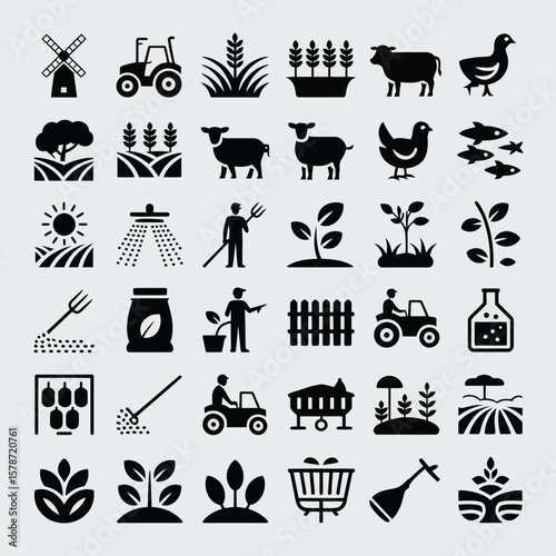 Collection of Black Glyph Icons Depicting Agricultural Activities Farm Animals and Equipment Wheat Plants and Fields Irrigation Systems Fertilizer and Harvesting Tools