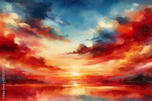 Vibrant sunset painting red and orange clouds reflecting on surface below, painterly sky warm cool colors brushstrokes textured.