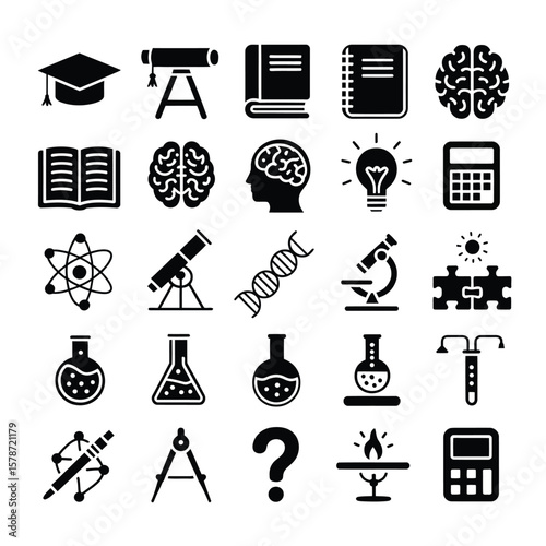 Collection of Black Glyph Icons Representing Education Science and Research Concepts Including Books Brains Telescopes Microscopes Erlenmeyer Flasks and More