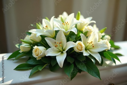 Elegant white lilies and roses funeral arrangement atop a closed casket , rose, solemnity, death