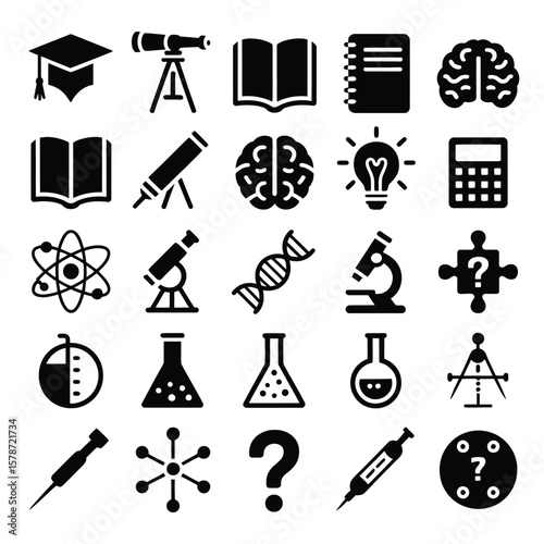 Collection of Black Glyph Icons Representing Education Science Research and Learning Concepts Including Books Telescopes Brains Lightbulbs Calculators Atom Models D N A Strands