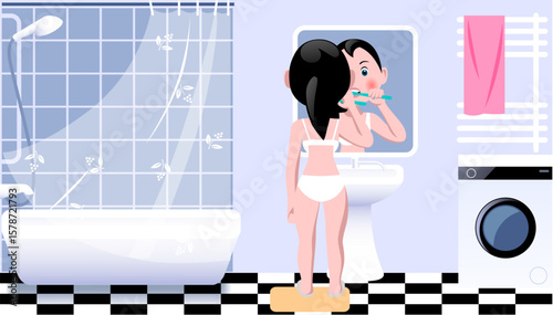 Funny cartoon girl in underwear brushing her teeth in front of a mirror with her reflection in a bright bathroom with a checkerboard floor. Vector 
illustration in flat cartoon style