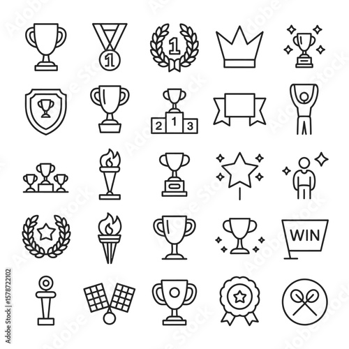 Collection of Black Line Art Icons Depicting Awards Trophies Medals Laurels Winner Podium First Place Victory Success Achievement Competition Winning Prize Celebration
