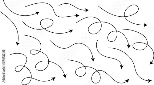 Sketch dashed arrows design. Hand drawn curve line arrow set. Zigzag arrow stripes design with dotted lines. curved hand drawn arrows