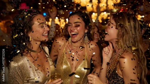Three glamorous women celebrating at party with gold dresses and confetti, perfect for New Year’s Eve, holiday nightlife, fashion event promotions, and luxury celebration visuals. 4K, motion