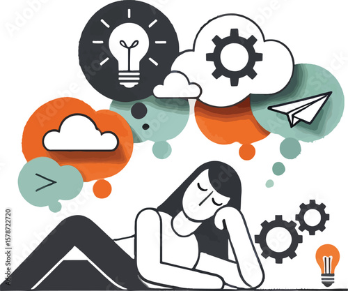 Woman dreams of ideas innovation and processes represented by colorful thought bubbles