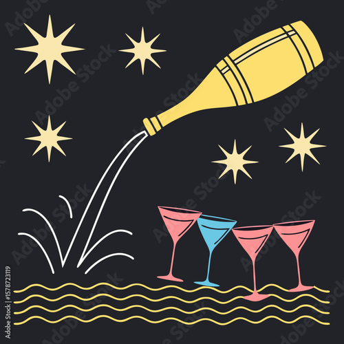 a bottle pouring champagne into a group of glasses