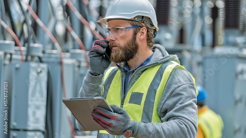 Industrial worker in reflective vest and helmet managing energy systems with tablet and phone — great for utility operations, engineering workforce, and smart grid infrastructure visuals.