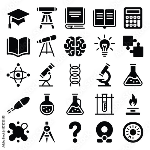 Collection of Black Solid Glyph Icons Representing Science Education Research and Technology Concepts Including Books Brain Microscope Test Tubes Atom D N A Graduation Cap