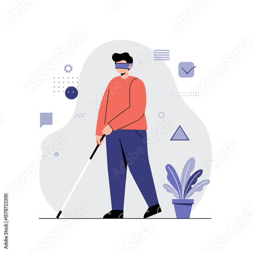 Man using white cane while walking in abstract environment  