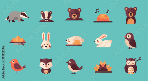 Cute woodland creatures and autumnal elements illustrated in a flat design style.