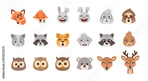 Collection of cartoon animal faces displaying various emotions, including happiness, sadness, sleepiness, surprise, and neutrality.