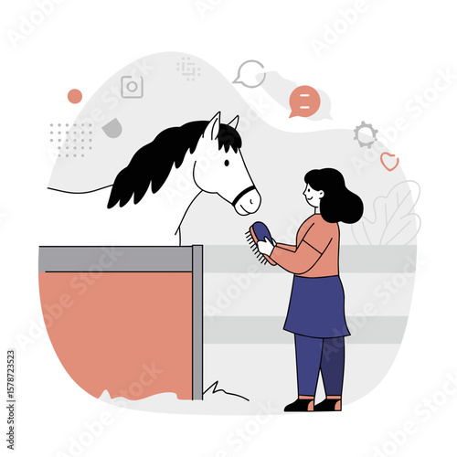 Young woman brushing horse in stable with modern graphic background  