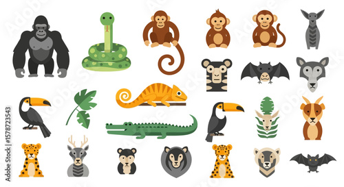 A collection of stylized animal icons, including a gorilla, snake, monkeys, bat, wolf, toucan, chameleon, crocodile, bear, and other diverse wildlife illustrations.