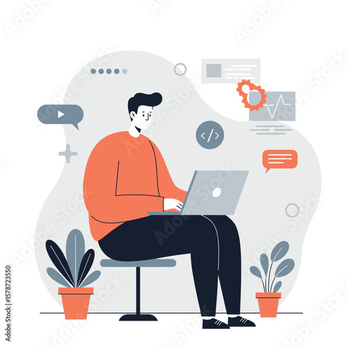 Young man coding on laptop while sitting on chair with plants  
