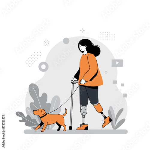 Young woman with prosthetic leg walking dog in outdoor setting  
