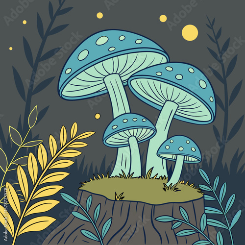 
a group of mushrooms on a stump