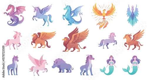 Collection of mythical creatures: unicorns, griffins, dragons, phoenixes, and mermaids, illustrated in a pastel watercolor style.