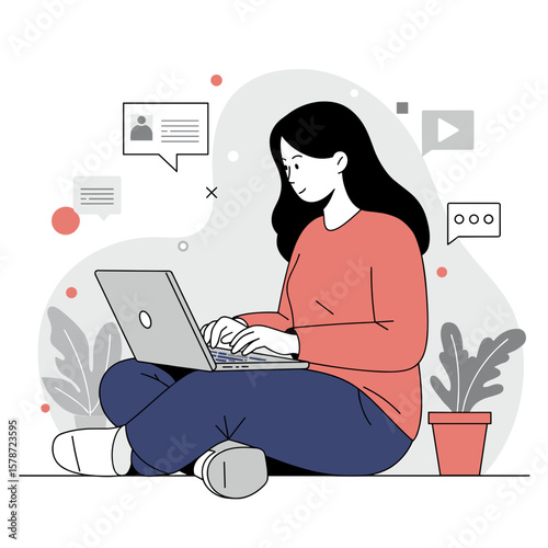 Young woman working on laptop while sitting on floor at home  
