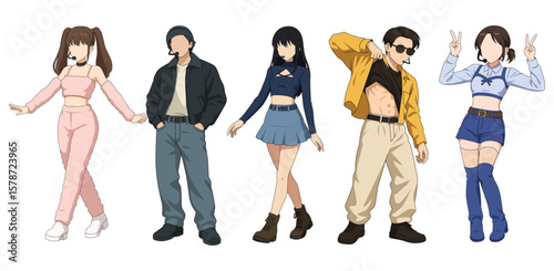 Set vector illustrations of kpop idols singing and dancing on stage. Flat vector kpop music star. Modern idol group dancers with various different styles, poses and choreography. Korean pop cultures.