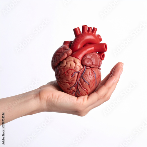 Realistic model of human heart held person hand, symbolizing health and medical care, emphasizing importance of mental health and physical health