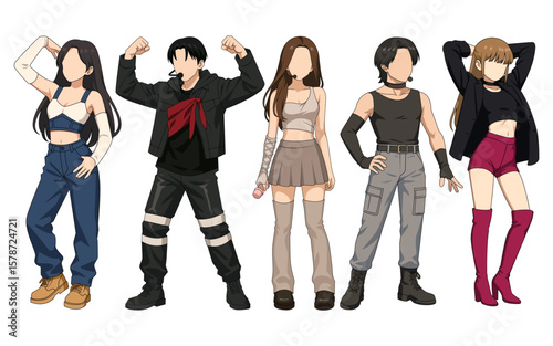 Set vector illustrations of kpop idols singing and dancing on stage. Flat vector kpop music star. Modern idol group dancers with various different styles, poses and choreography. Korean pop cultures.