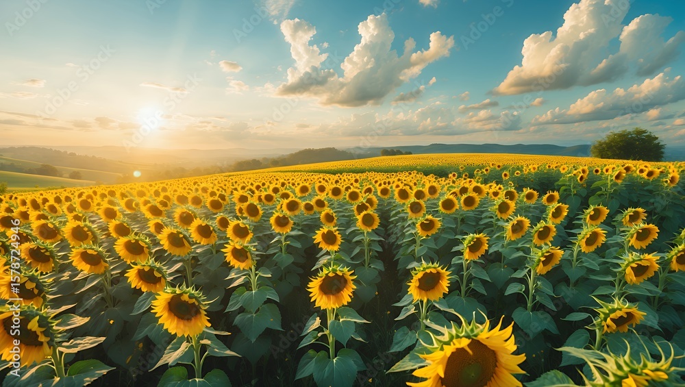 Fototapeta premium Sunflower Field Blooms Under a Bright Sky with Setting Sun