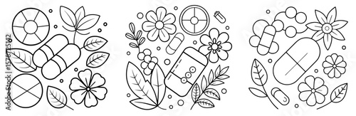 Pills and Flowers Coloring Book Page - Outline Design